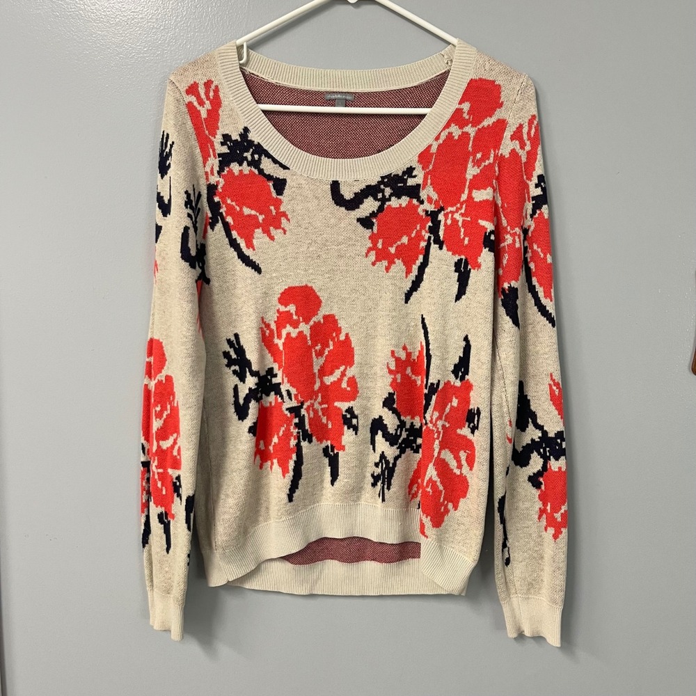 Charlotte Russe Womens Large Floral Knit Sweater Cream Red Black Scoop Neck L
